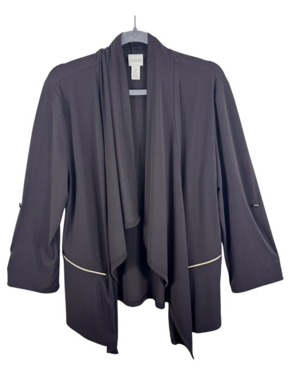 Chico's Brown Long Roll Tab Sleeve Stretchy Draped‎ Open Blouse Pockets Chic L